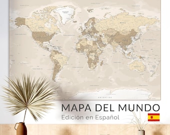 Mapa del mundo en español con colores neutros - Descarga digital imprimible - Mapa del Mundo Español