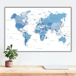 Mappa politica dettagliata del mondo - Grande mappa del mondo blu stampabile / Mappa digitale a colori neutri per arte murale, poster, carta da parati, stampe