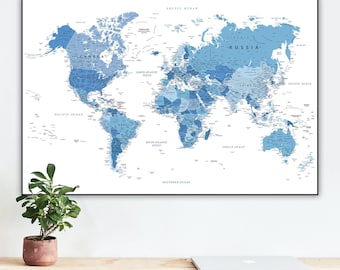 Detailed Blue World Map – Printable Political Wall Art Map, Minimalist Style (Digital Download)