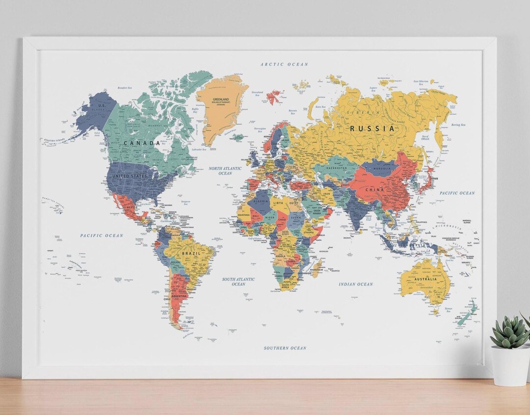 Printable Political World Map Poster Minimalist Travel Art Digital Il Qzag 