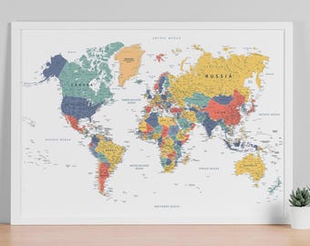 国旗付き世界地図プリント。詳細でカラフルな印刷可能な世界政治地図