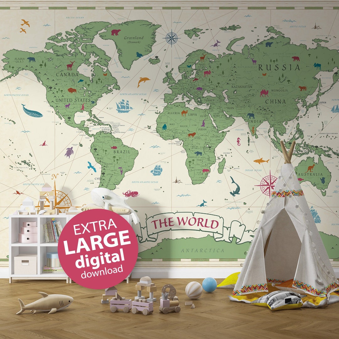 World Map Wall Art for Kids - Printable Educational Decor - Classroom ...