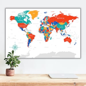 Highly detailed printable World Map poster in bright colors and large size | Wall Map, Digital World Map, Homeschooling Kids Room Map Print