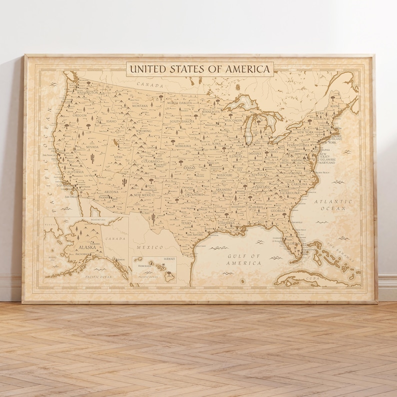 Vintage USA Map Art Print – Detailed United States Map Poster, Ancient ...