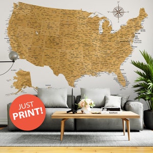 Beige US Bundesstaaten Karte Poster | Großgedruckte Karte der Vereinigten Staaten | Detaillierte USA Karte Wanddeko | Karte von Amerika digitaler Download