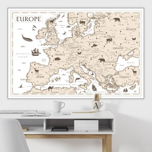 Druckbare Karte Europa mit Tier, Vintage Europa Karte Druck, Karte von Europa digitaler Download für Kinderzimmer, Boho Kinderzimmer Karte, Kinder Pastell Wandkunst