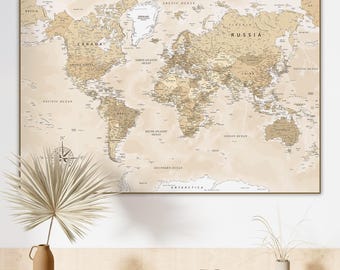 Digital Neutral Colors World Map for Wall Art, Poster, Wallpaper, Prints - Map of the World with Countries - Printable Beige Brown Map