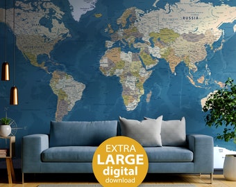Detailed World Map - Neutral Tones Digital Download Map Print, Printable World map for home school decor, High-res World Map with countries