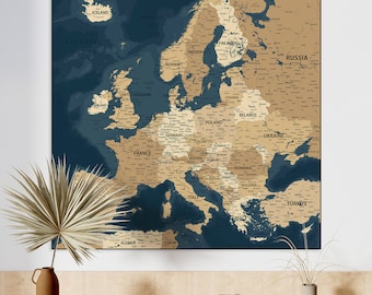 Highly detailed Map of Europe - Instant Download Navy Blue and Gold Europe Map | Dark Vintage Europe Map for posters, wallpapers, prints