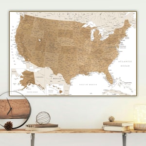 Mapa imprimible de Estados Unidos, decoración de habitación con mapa de viaje de EE. UU., arte de pared neutro, impresión de mapa de EE. UU., póster de descarga digital de Estados Unidos