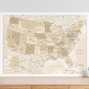 Afdrukbare muurposter kaart VS – gedetailleerde kaart in vintagestijl in pastelkleuren (digitale download)