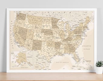 Póster imprimible con mapa de EE. UU. para decorar paredes: mapa detallado de estilo vintage en colores pastel (descarga digital).
