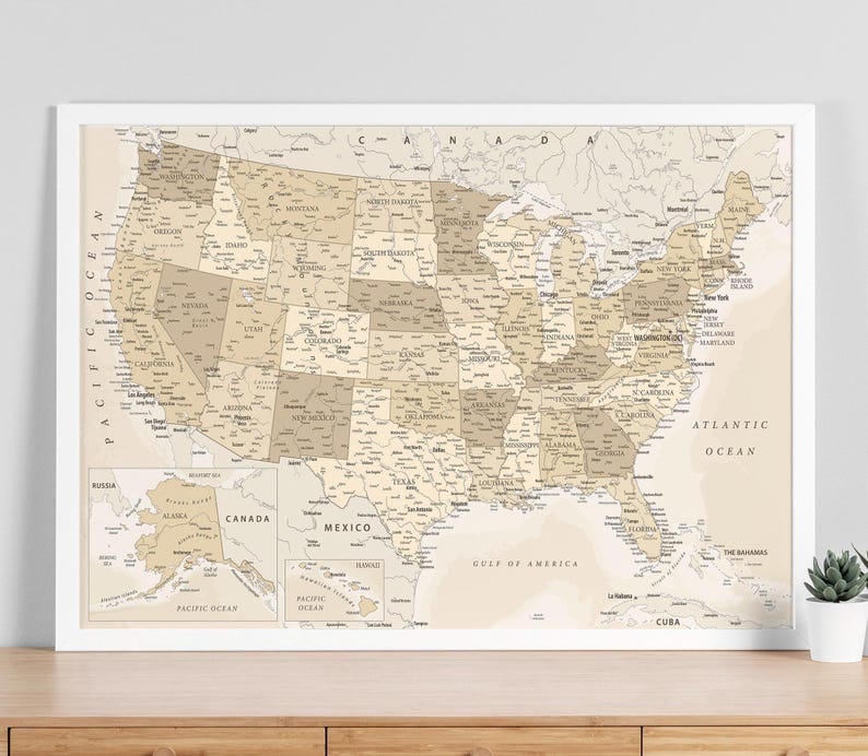 USA Map Wall Art – Detailed Vintage Pastel Style United States Poster (Digital Download) image 2