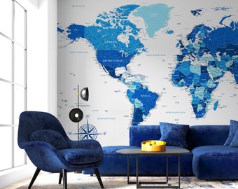 Highly detailed blue printable World Map poster | Large wall Map digital print | World Map digital, Political Map, Navy blue Wall Art Map