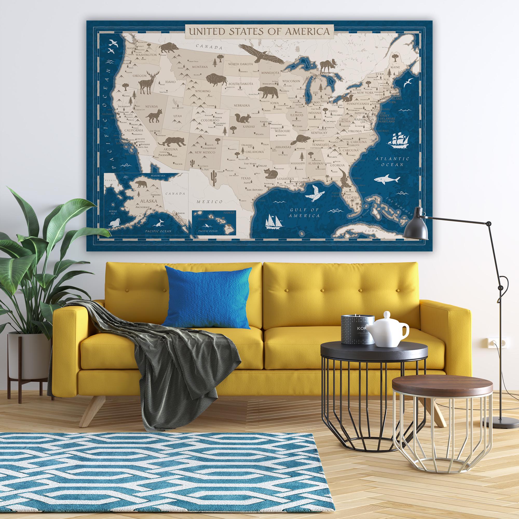 Vintage USA Map Print, Blue Beige United States Art (digital