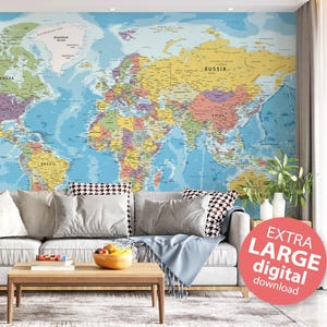 Highly Detailed Political Map of the World - Printable large World Map poster full color with countries, Digital map print Wall Art Decor