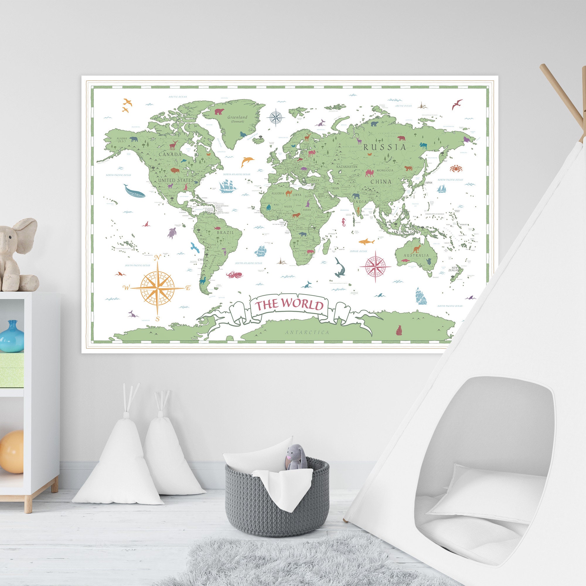 Printable Kids Map Poster World Map Digital Download Boho Kids Wall Art ...