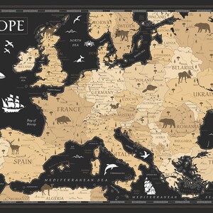 Vintage kaart van Europa afdrukken - Afdrukbare kaart Europa zwart goud muurkunst, digitale kaart van Europa voor kinderkamer, kaart van Europa met landen