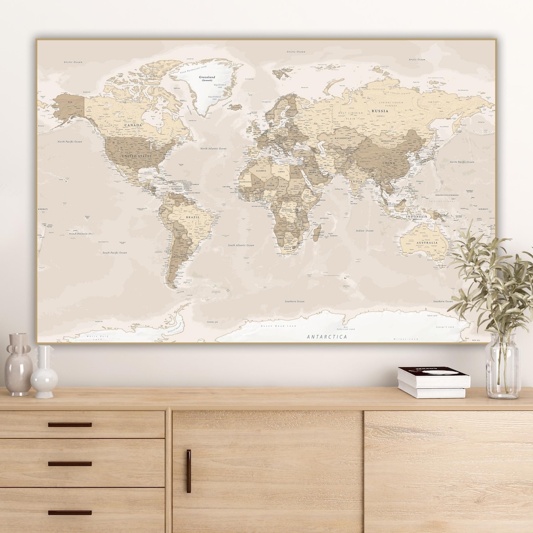 World Map Print – Neutral Beige Map, Vintage Style Wall Art - Instant ...