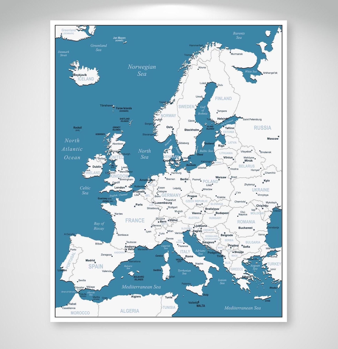 Blue White Europe Map Print | Political Map of European Countries ...