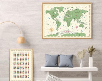 Vintage World Map Printable with Flags - Political World Map Poster - Large Detailed World Map Wall Art