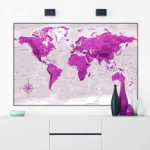 Mapa mundial educativo imprimible de color púrpura - Póster y fondo de pantalla del mapa detallado / Mapa de pared de la escuela en casa / Mapa digital del mundo / Arte de pared para niñas