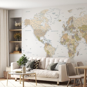 Digital detailed World Map for wall art print - Printable natural tones Map, Pastels Educational Poster, Download large wall Map with States