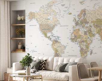 Digital detailed World Map for wall art print - Printable natural tones Map, Pastels Educational Poster, Download large wall Map with States