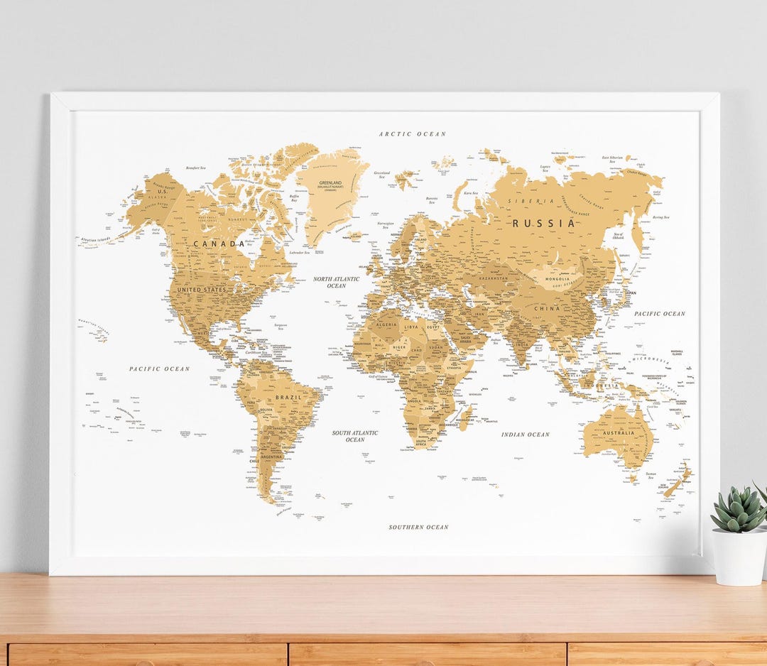 Neutral Beige World Map Print – Vintage Style Pastel Tones and ...