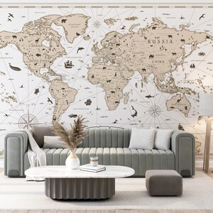 Printable Vintage World Map in Neutral Beige colors, Antique-Style Digital Download Map, Rustic Wall Art for Home & Office, Retro Map Poster