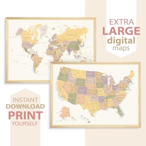 Mapa digital de EE. UU. y el mundo: impresión detallada de mapas del mundo y de Estados Unidos, descarga pósteres imprimibles, mapas de viaje, arte mural en colores neutros.