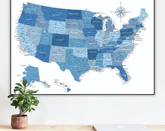 Mapa azul de EE. UU. imprimible: póster grande del mapa de Estados Unidos (descarga digital)