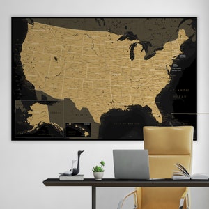 Detailed United States Map Digital Download Black Gold Poster - Map of America for travel, Home School map, US map wall art, USA map print