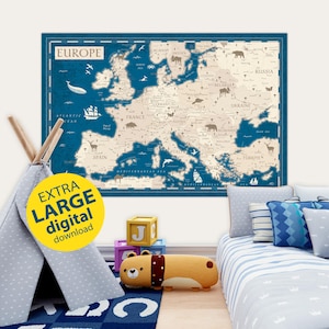 Karte von Europa - Instant Download Navy blau & Beige Europa Map, Vintage Landkarte Europa für Poster, Wallpaper, Print, Kinder Karte mit Tieren