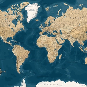 Highly detailed printable World Map poster in Blue, Gold colors, Downloadable large wall Map, Digital print World Map Vintage Political Map