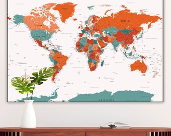 Printable orange, green World Map | Large World Map | World travel map | Map for posters, wallpapers and prints | Digital Map of the World