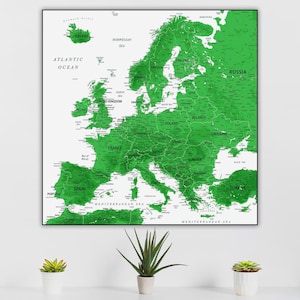 Mapa de Europa detallado con impresión verde / Mapa de Europa imprimible / Diseño verde elegante / Mapa de arte mural grande para carteles y decoración