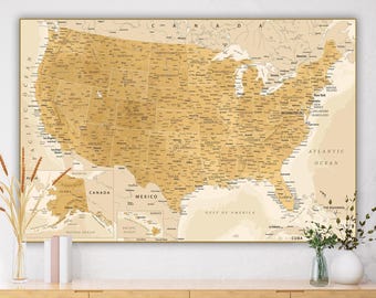 Beige und Gold USA Map - Großes Poster USA - Landkarte - Wandkunst (Digitaler Download)