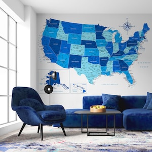 Detaillierte Landkarte der USA - Navy Blau Weiss - Große Landkarte für Zuhause, in der Schule, oder im Wohnheim | Hochauflösende USA Karte Wandkunst