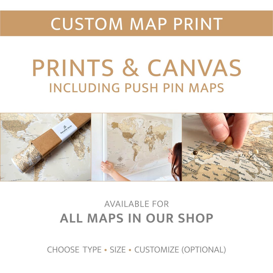 Custom Map Print – Canvas & Paper Poster, Push Pin Travel Map, Large ...
