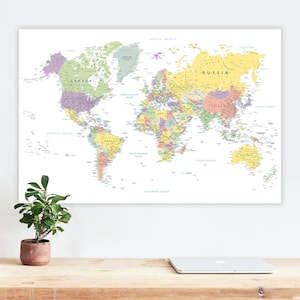 Carte politique détaillée du monde - Grande affiche imprimable de la carte du monde en couleur avec les pays | Impression numérique de carte, carte de décoration murale