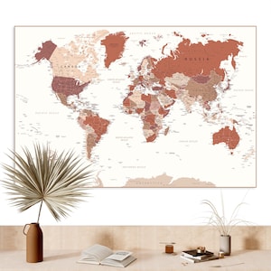 Weltkarte braun & beige gefärbt - Instant Download für Wand Kunst Dekor | Hoch detailliertes, Extra Großes Weltkarte Digitales Poster mit den USA Bundesstaaten