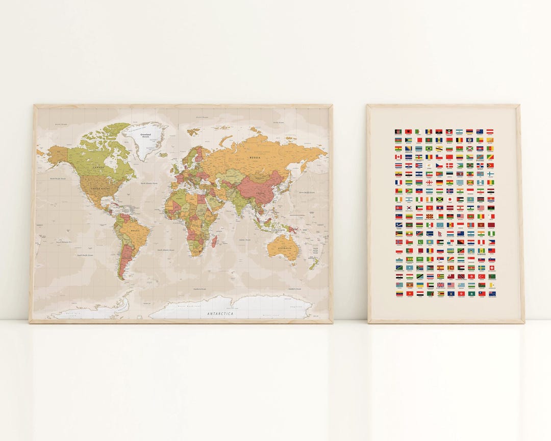 World Map With Flags Printable Set, Educational Wall Art, Neutral Beige ...