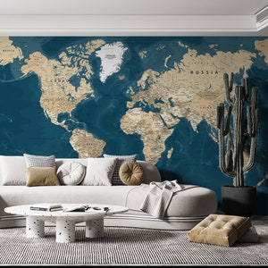 Marine Blaue Weltkarte - Weltkarte - Digital Download | Karte Karte Wand Kunst Poster | Hoch detaillierte Politische Karte zum Ausdrucken