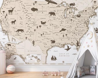 Poster stampabile con mappa degli Stati Uniti / Mappa vintage degli Stati Uniti per bambini, decorazione murale per la cameretta dei bambini (download digitale)