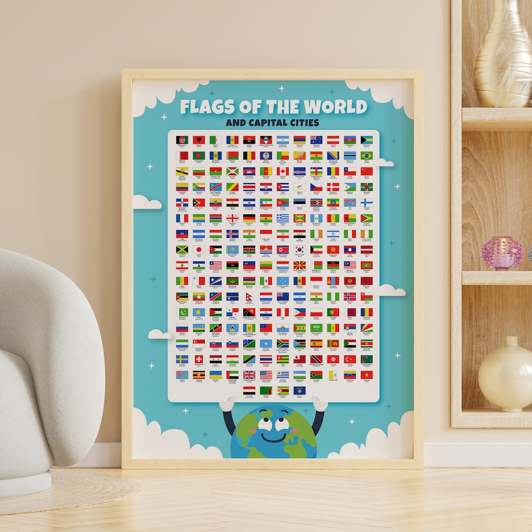 Kids Flags of the World Printable Poster, Countries and Capital Cities