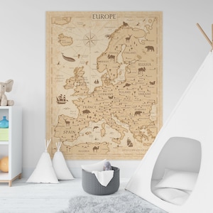 Póster de mapa de Europa imprimible en marrón neutro y beige: mapa de pared grande para niños, mapa de Europa con impresión digital, mapa antiguo, mapa político de Europa.