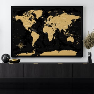 Zwart-gouden afdrukbare wereldkaart - gestileerde hoge resolutie wereldkaart | Wereldkaart voor posters, achtergronden en afdrukken Digitale downloadkaart