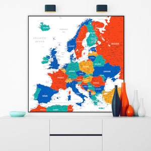 Druckbare detaillierte politische Karte von Europa, Karte der europäischen Länder zum Download, bunte Europakarte, Europakarte für Homeschooling Wanddekor