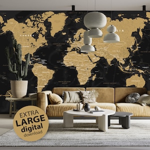 Digitale Weltkarte in Schwarz und Gold - hochauflösendes druckbares großes Weltkarten-Poster, Print | Detaillierte Politische Weltkarte | Weltkarte, Kunst